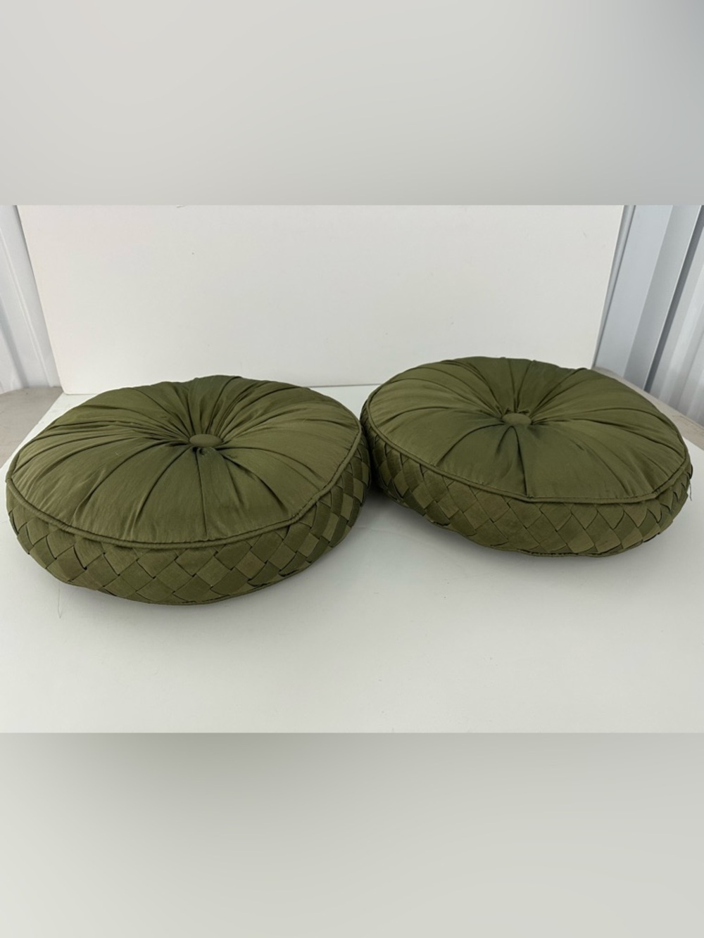 Round Olive Green Tufted Throw Pillows - Pair